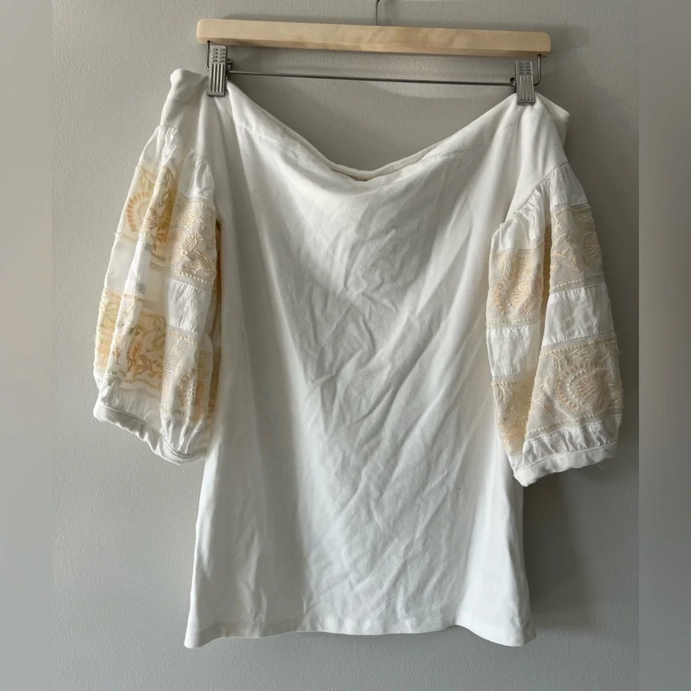 Free People Ivory Off Shoulder Blouse Top with Balloon Sleeve